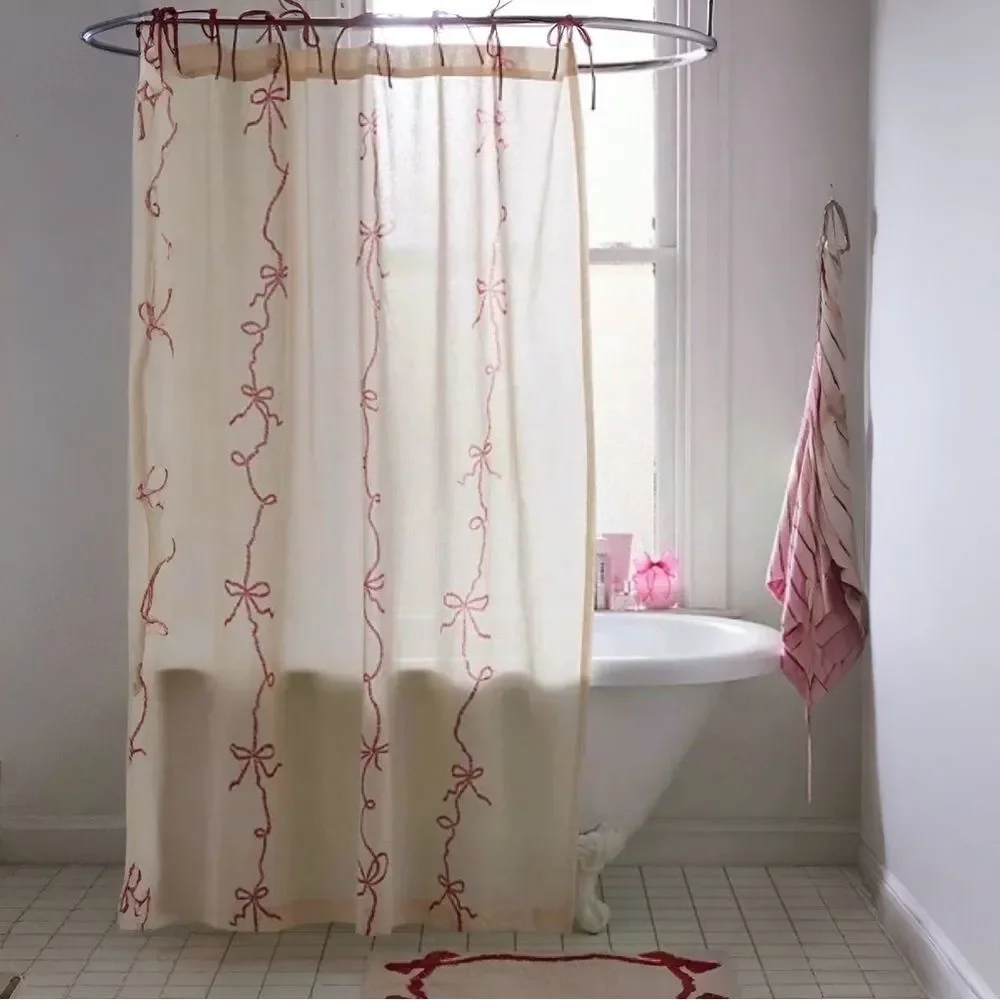 Urban Outfitters Home Lace Bows Cotton Shower Curtain in Cream/Red | 72
